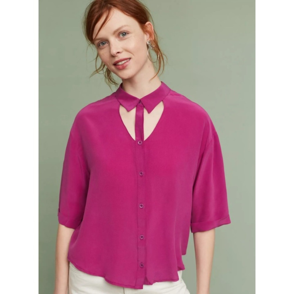 Maeve Women Large Mairead Silk Blouse Magenta Cutout Neckline Short Sleeve Top